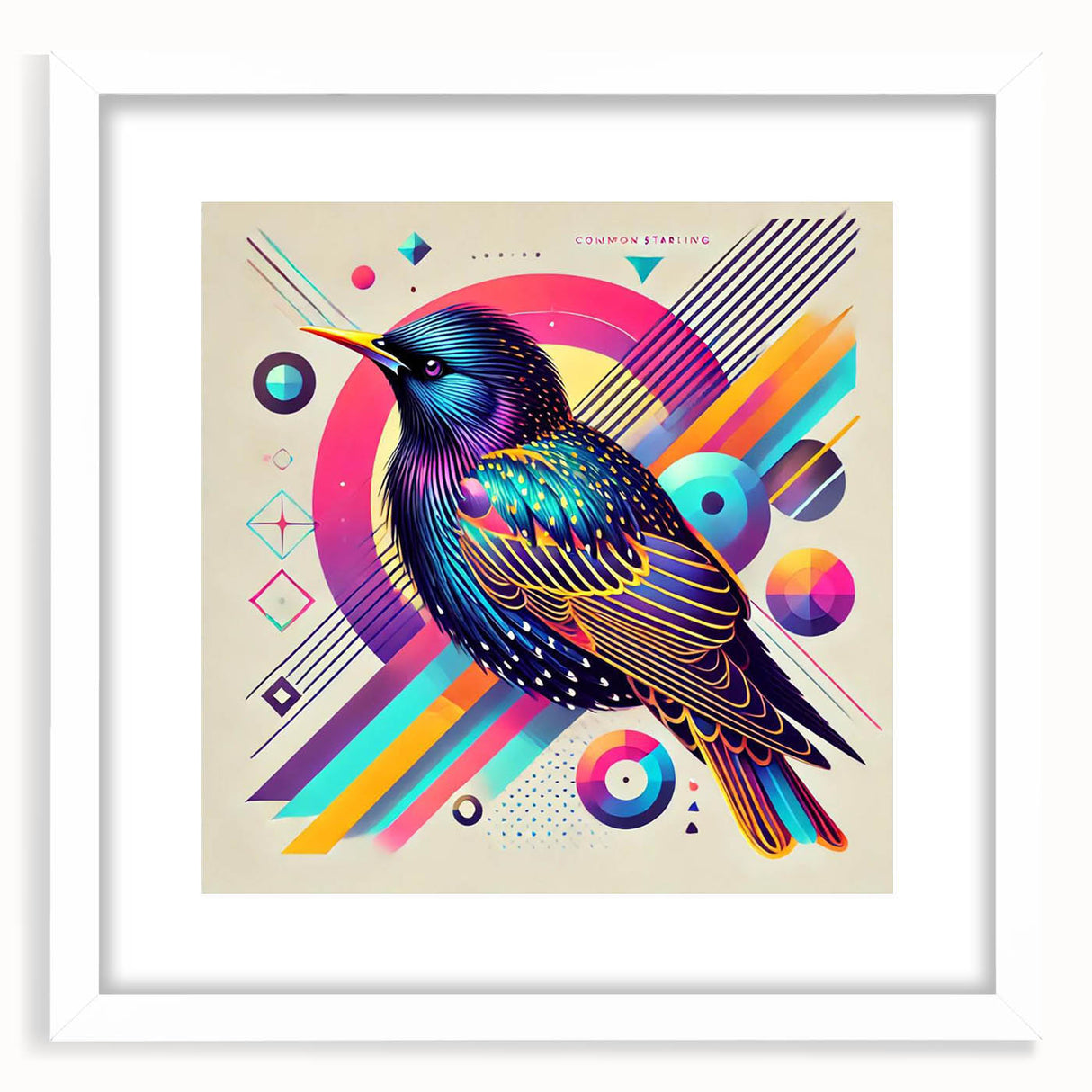 Framed wall art featuring a vibrant garden birds design with a white mat, showcasing colorful birds perched on branches, perfect for enhancing home decor.