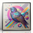 Framed wall art showcasing a vibrant garden bird design, featuring detailed illustrations of various colorful birds against a black background, perfect for home decor.