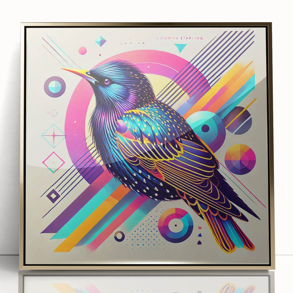 Framed wall art featuring a vibrant garden birds design with colorful illustrations of various bird species in a gold-accented frame, ideal for nature lovers and home decor.