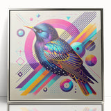 Framed acrylic wall art showcasing colorful garden birds design, featuring intricate details and a sleek silver frame, perfect for home decor enhancement.