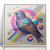 Framed wall art featuring a vibrant garden birds design with colorful illustrations, set in a sleek white frame, perfect for home decor enthusiasts.