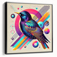 Framed wall art featuring a collection of colorful garden birds, showcasing intricate details and vibrant colors, set against a sleek black frame for stylish home decor.