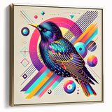 Framed canvas wall art showcasing a vibrant garden bird design with gold accents, ideal for home decor. Side view highlights its elegant frame and colorful details.