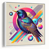 Framed canvas wall art featuring a vibrant garden birds design in colorful hues, showcasing detailed illustrations of various bird species, elegantly displayed in a white frame.