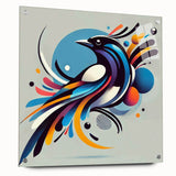 Acrylic glass wall art featuring a vibrant garden bird design, displayed from the side with decorative pins, showcasing bright colors and intricate details. Perfect for nature lovers and home decor enthusiasts.