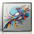 Framed wall art featuring a vibrant garden bird design with a black frame, showcasing colorful birds against a soft background, perfect for nature lovers' home decor.