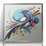 Framed wall art featuring a vibrant garden birds design, encapsulated in an elegant silver frame, perfect for enhancing home decor with a nature-inspired aesthetic.