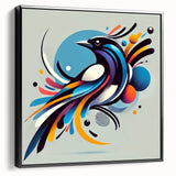 Framed wall art featuring a picturesque collection of garden birds in vibrant colors, presented in a sleek black frame, perfect for enhancing home decor.