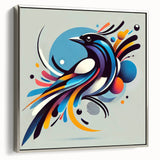Framed canvas wall art featuring a collection of garden birds, showcasing vibrant colors and intricate details, accented with a sleek silver frame, ideal for home decor.