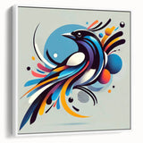 Framed canvas wall art featuring a vibrant garden birds design in a white frame, showcasing colorful avian illustrations against a neutral backdrop, ideal for home decor.