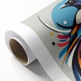 Colorful rolled canvas depicting a vibrant garden scene with various birds perched among lush greenery, ideal for home decor or nature-themed art collections.