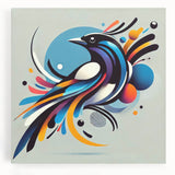 Vibrant stretched canvas wall art featuring a collection of colorful garden birds perched on branches against a soft blue background, ideal for nature-inspired decor.