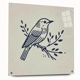 Colorful acrylic glass wall art piece showcasing a vibrant collection of garden birds, elegantly displayed with pins on a white background, ideal for nature-themed decor.
