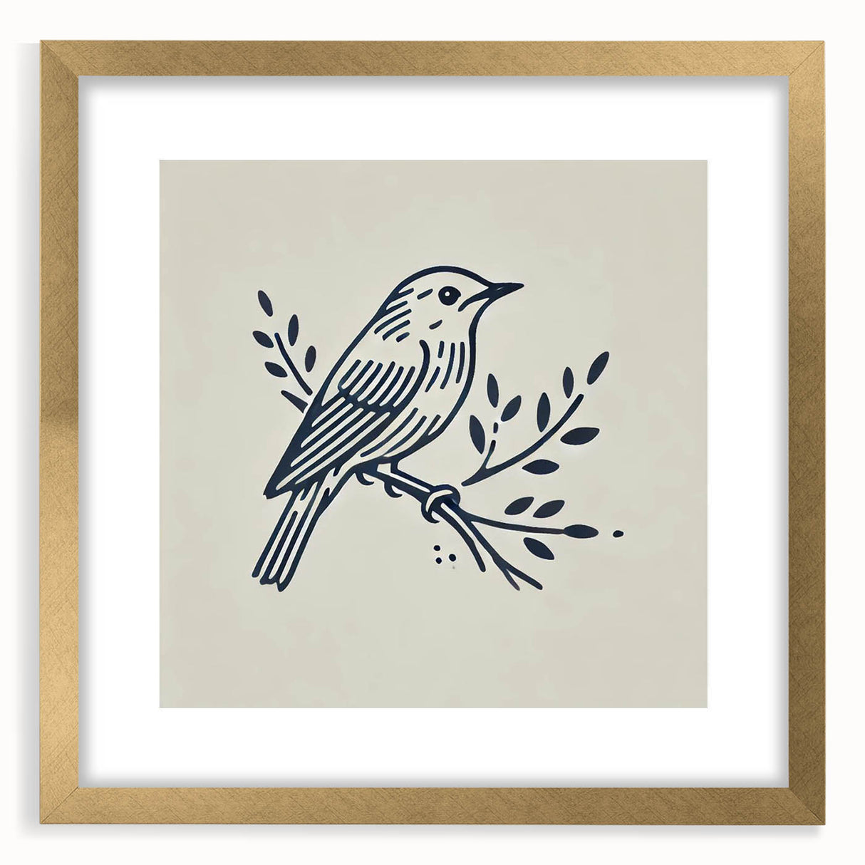 Gold-framed wall art featuring a vibrant garden birds design, showcasing colorful avian illustrations surrounded by a decorative mat, perfect for home decor.
