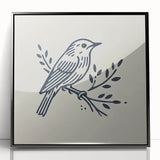 Framed wall art showcasing a vibrant design of garden birds, featuring detailed illustrations in various colors, presented in a sleek black frame for modern decor.
