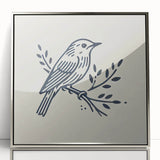 Framed wall art collection showcasing a vibrant garden birds design with intricate details in bright colors, featuring a sleek silver acrylic frame for modern decor.