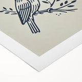 Colorful rolled canvas artwork showcasing a vibrant garden birds design, featuring detailed illustrations of various bird species on a textured background, ideal for home decor.