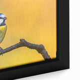 Close-up of a beautifully framed canvas featuring vibrant garden birds design, showcasing detailed colors and textures, perfect for home decor enthusiasts.