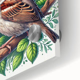 Close-up of a vibrant acrylic glass wall art piece depicting colorful garden birds, showcasing intricate details and vivid hues, perfect for home decor.