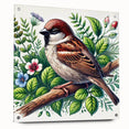 Acrylic glass wall art featuring a vibrant garden birds design, showcasing a side view with visible pins, perfect for enhancing home decor with nature-inspired aesthetics.