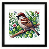 Black-framed wall art featuring a vibrant collection of garden birds, showcasing intricate illustrations and colorful details, perfect for nature enthusiasts.