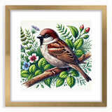 Framed wall art featuring a vibrant collection of garden birds in a gold frame, showcasing colorful illustrations, ideal for enhancing home decor with a nature theme.