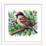 Framed wall art featuring a vibrant design of various garden birds, showcasing colorful plumage and intricate details, set against a white background for a modern decor touch. Ideal for nature lovers and home decoration enthusiasts.