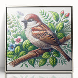 Framed wall art showcasing a vibrant garden birds design with intricate details, featuring a silver acrylic front, perfect for enhancing home decor.