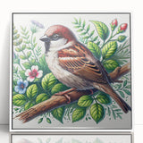 Framed wall art featuring a vibrant garden birds design, showcasing colorful birds in a natural setting, with a sleek white frame, ideal for home decor.