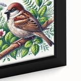 Framed canvas wall art showcasing an intricate design of colorful garden birds perched among vibrant foliage, perfect for nature-inspired decor.