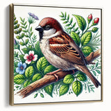 Framed wall art showcasing a collection of garden birds in vibrant colors, set against a gold background, ideal for nature-inspired home decor.