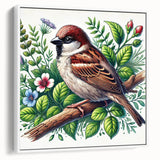 Framed canvas wall art showcasing a colorful garden bird design, featuring vibrant hues of blue, yellow, and green, perfect for home decor.