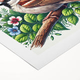 Colorful rolled canvas artwork depicting various garden birds in a vibrant natural setting, showcasing intricate details and textures, perfect for home decor.