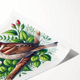 Colorful garden birds wall art print featuring various bird species perched on branches, showcasing vibrant shades of yellow, blue, and green, ideal for home decor.