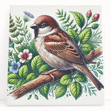 Stretched canvas wall art showcasing a vibrant garden scene with colorful birds perched among lush greenery, perfect for home decor enthusiasts.