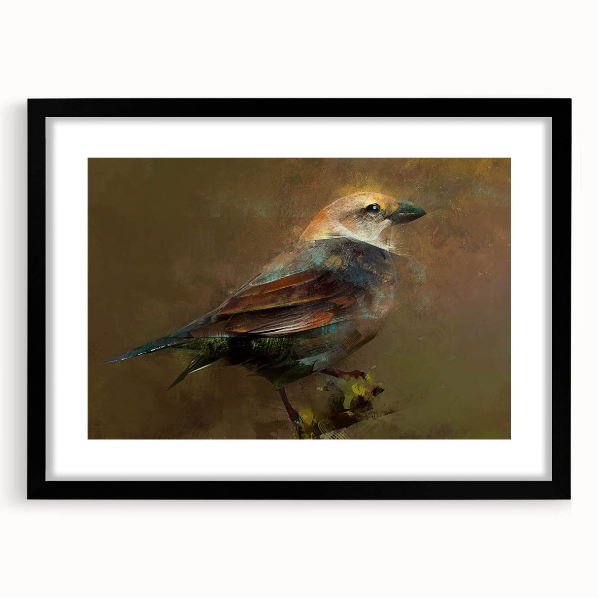 Framed wall art collection showcasing colorful garden birds on a black background, designed to enhance home decor. Perfect for bird lovers and nature enthusiasts.