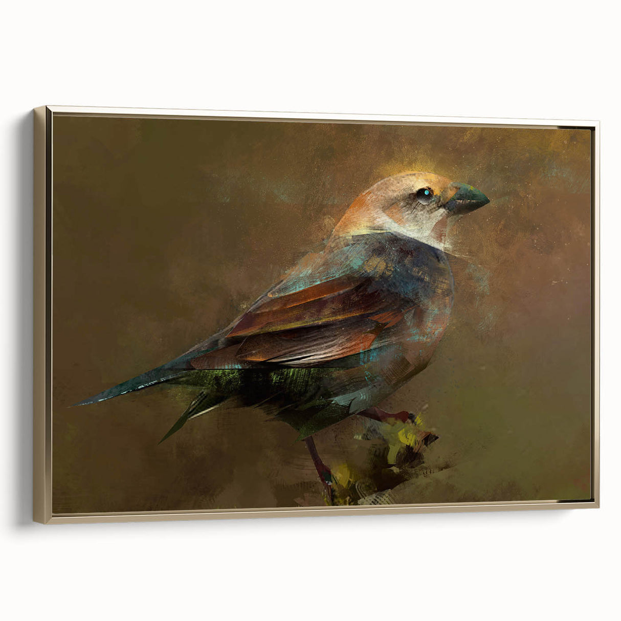 Framed canvas featuring a vibrant garden birds design with gold accents, showcasing colorful bird illustrations against a natural backdrop, perfect for home decor.