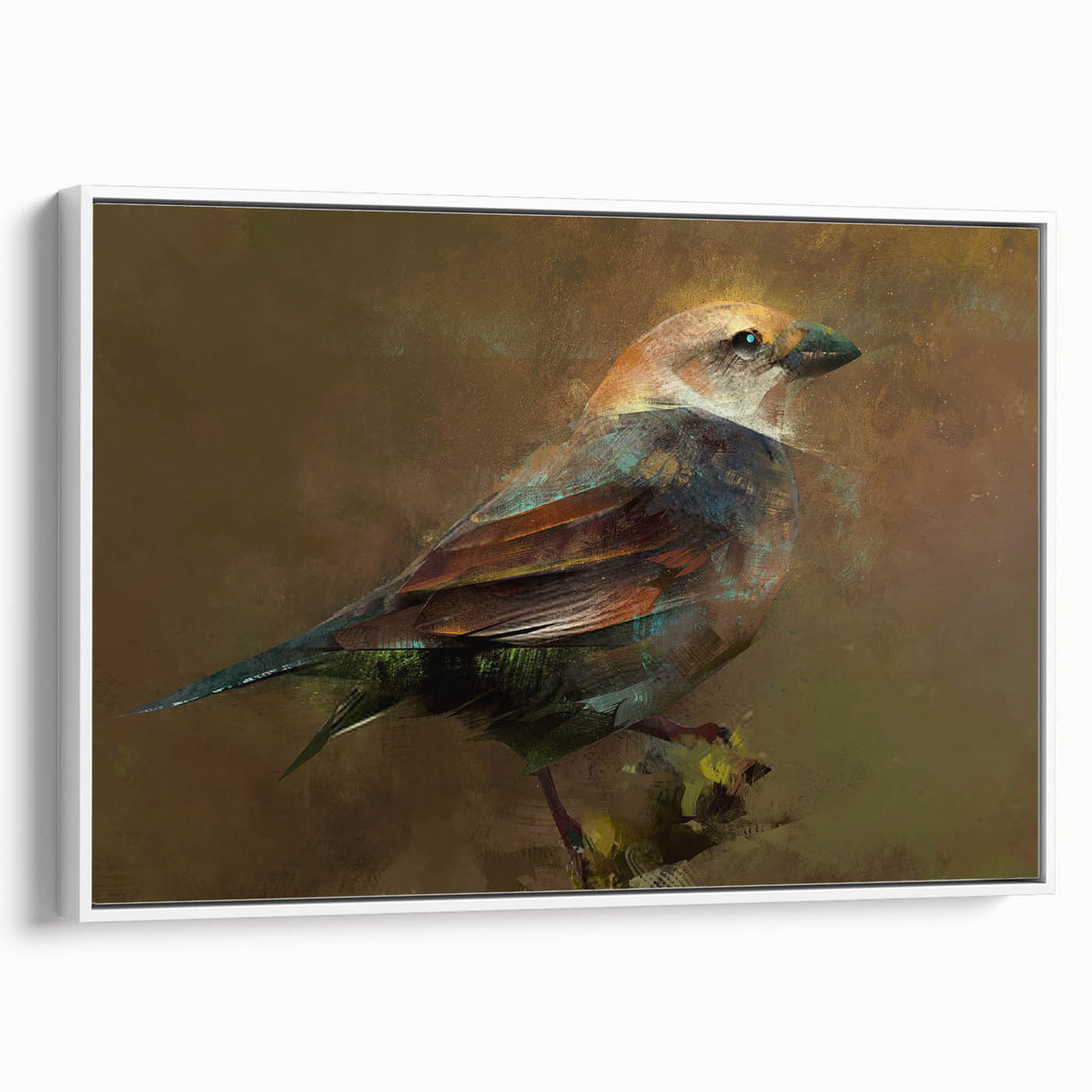 Framed canvas wall art showcasing a vibrant collection of garden birds, featuring detailed illustrations in various colors, designed for nature enthusiasts and home decor.