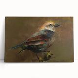 Vibrant stretched canvas wall art showcasing a colorful garden bird design, perfect for home decor, featuring various bird species perched among lush greenery.