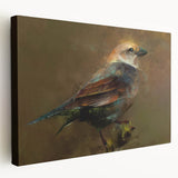 Stretched canvas wall art showcasing a vibrant garden bird design, featuring colorful birds perched among lush greenery, perfect for home decor enhancement.