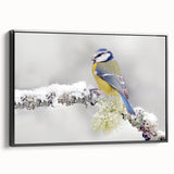 Framed black canvas wall art depicting a collection of colorful garden birds perched on branches, showcasing intricate details and vibrant colors, ideal for home decor.