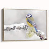 Framed canvas wall art featuring a vibrant design of garden birds, with gold accents and a sleek side view, perfect for enhancing home decor. Ideal for bird lovers.