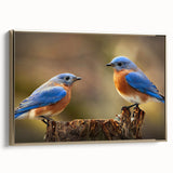 Framed wall art featuring a vibrant garden birds design on canvas, showcasing colorful bird illustrations with a gold frame, perfect for nature-inspired decor.