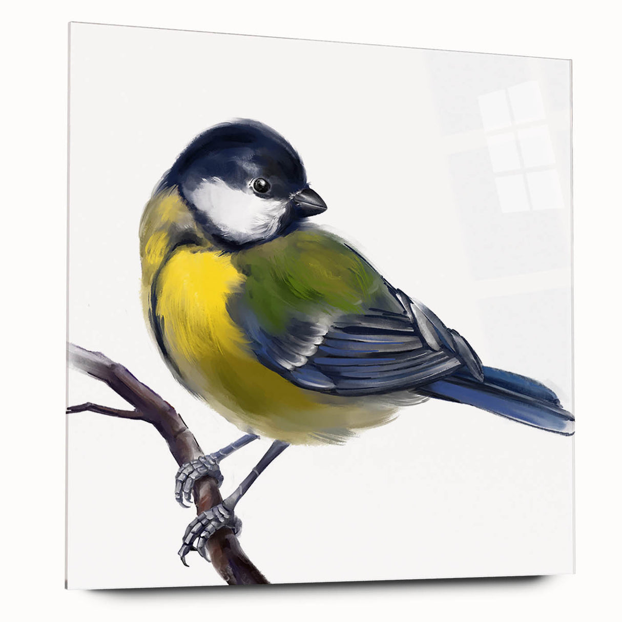 Colorful acrylic glass wall art featuring a design of various garden birds, showcased in a side view without pins, enhancing any nature-inspired interior decor.