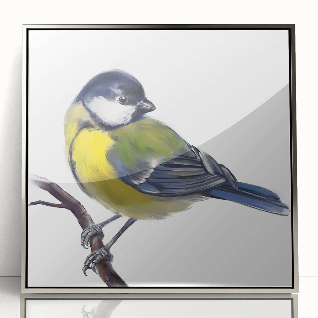 Framed wall art collection showcasing a vibrant design of garden birds, featuring intricate details and silver acrylic framing, perfect for enhancing home decor.