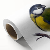 Colorful rolled canvas wall art showcasing a vibrant design of various garden birds perched among lush greenery, ideal for home decor enthusiasts and nature lovers.