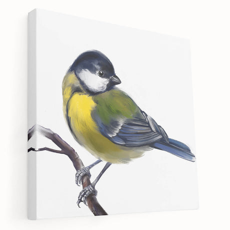 Stretched canvas wall art featuring a vibrant garden birds design in various colors, showcasing detailed bird illustrations against a lush green background, perfect for home decor.