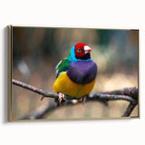Framed wall art featuring a vibrant garden scene with various colorful birds perched on branches, showcasing intricate details and a gold frame, perfect for adding elegance to any room decor.