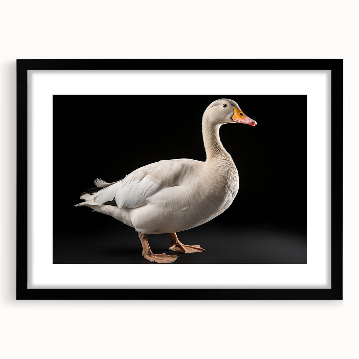 Framed wall art featuring a detailed goose design in black tones, showcased in a sleek black frame with a white mat, ideal for modern home decor.