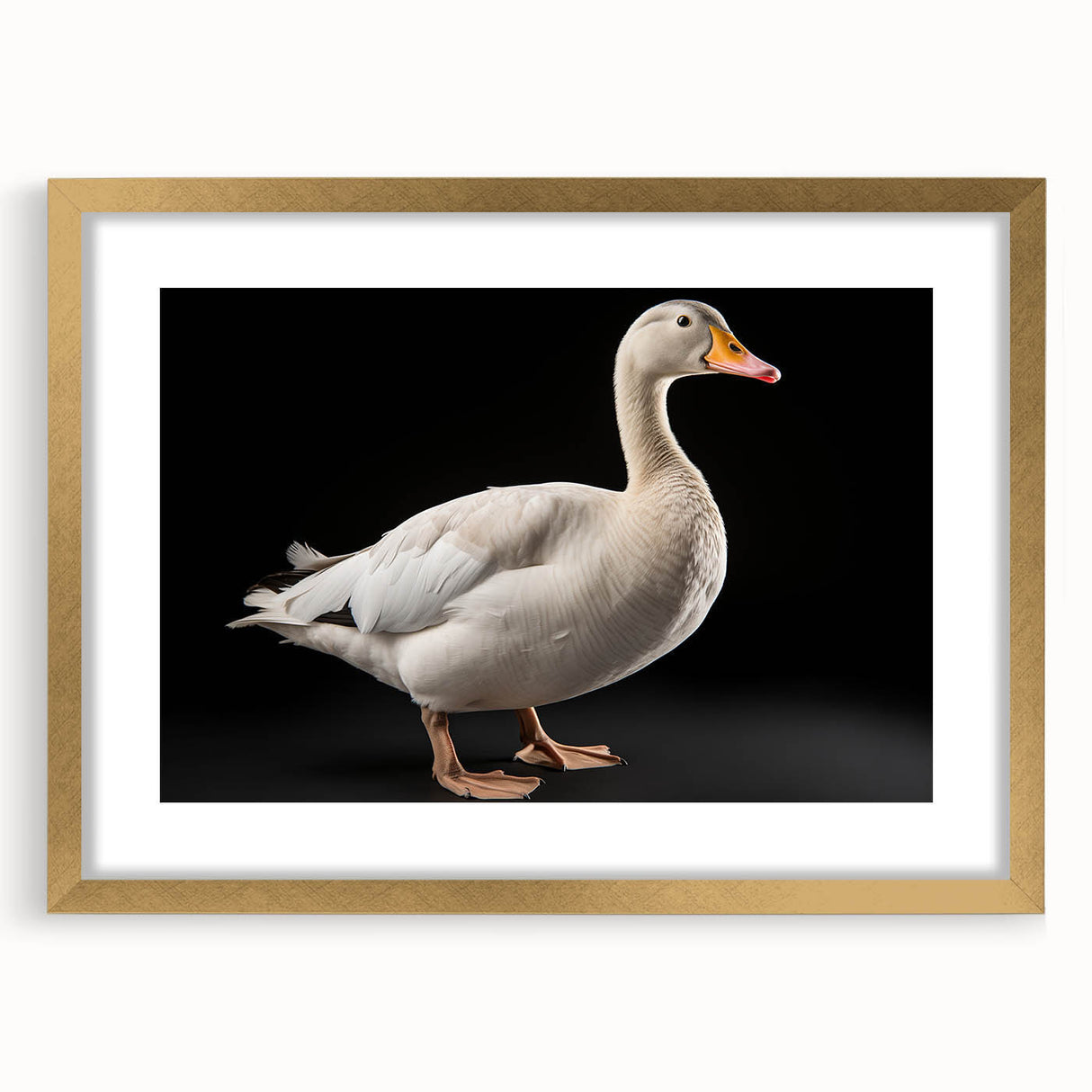 Elegant gold-framed wall art featuring a vibrant goose design, surrounded by a white mat, perfect for adding a touch of sophistication to home decor.